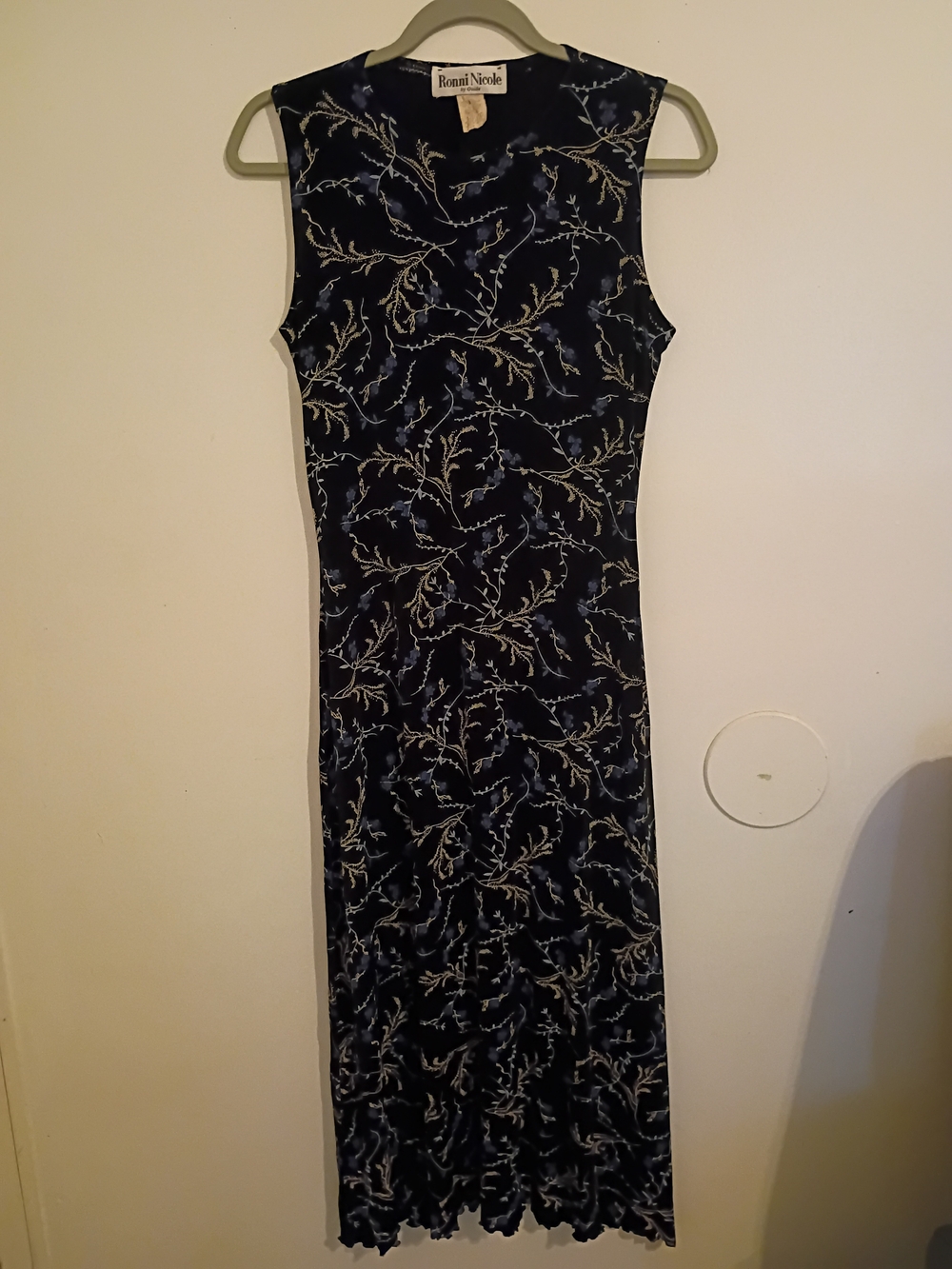 VTG Ronni Nicole Midi Dress Black with White & Light Blue Floral Print Sz 8